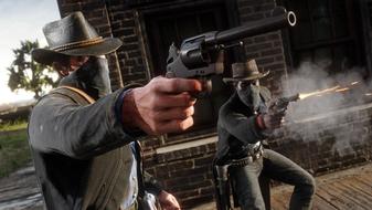 Two cowboys firing pistols in Red Dead Redemption 2.