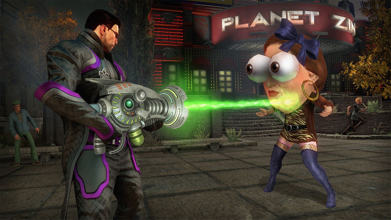 In-game image from Saints Row 4 of a character in black and purple using a weapon to blow up another characters head.